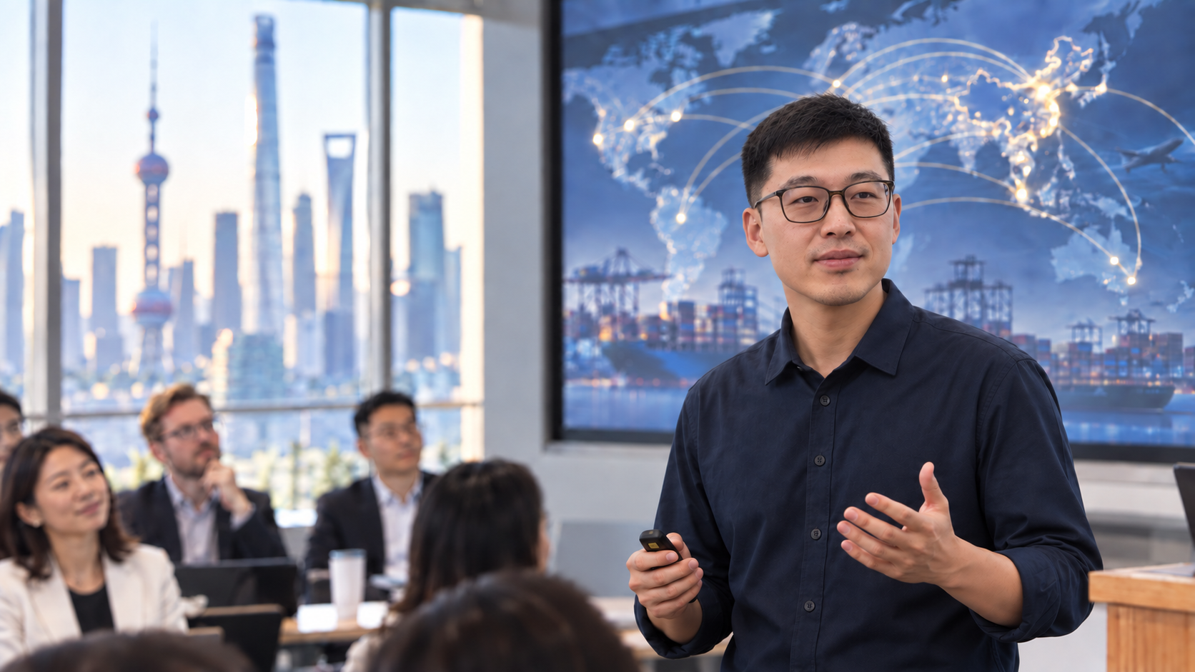 Eric Nie teaching a bilingual executive course about China’s industrial value and global demand / Eric Nie 讲授中国工业价值与全球需求的中英双语高管课程