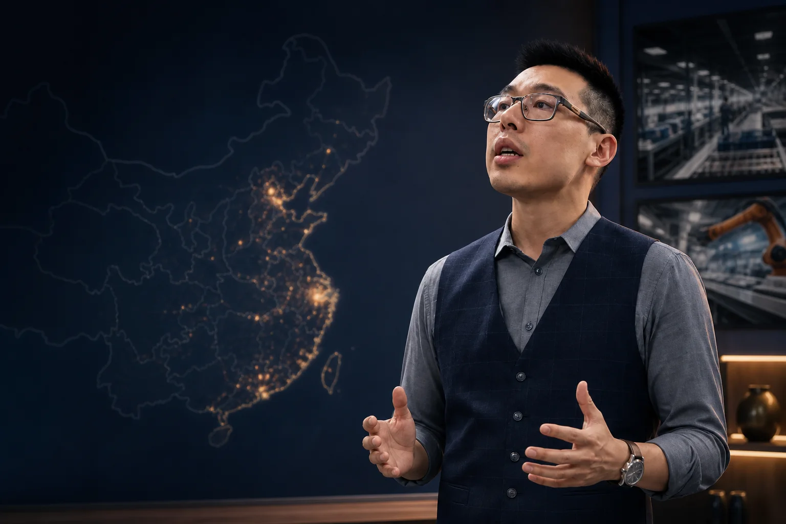 Eric Nie presentando una sesión informativa sobre la cadena de suministro y fabricación de China